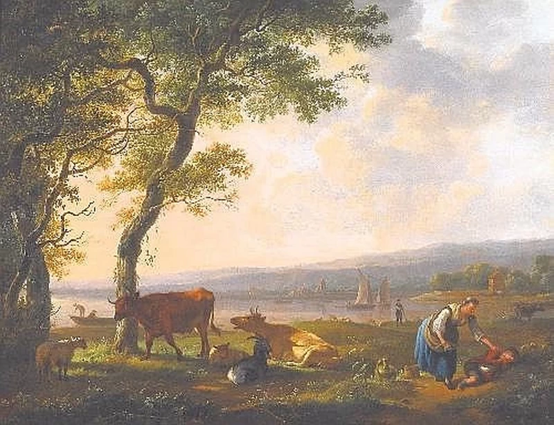 Balthasar Ommeganck - Paesaggio fluviale con pastore e bambino